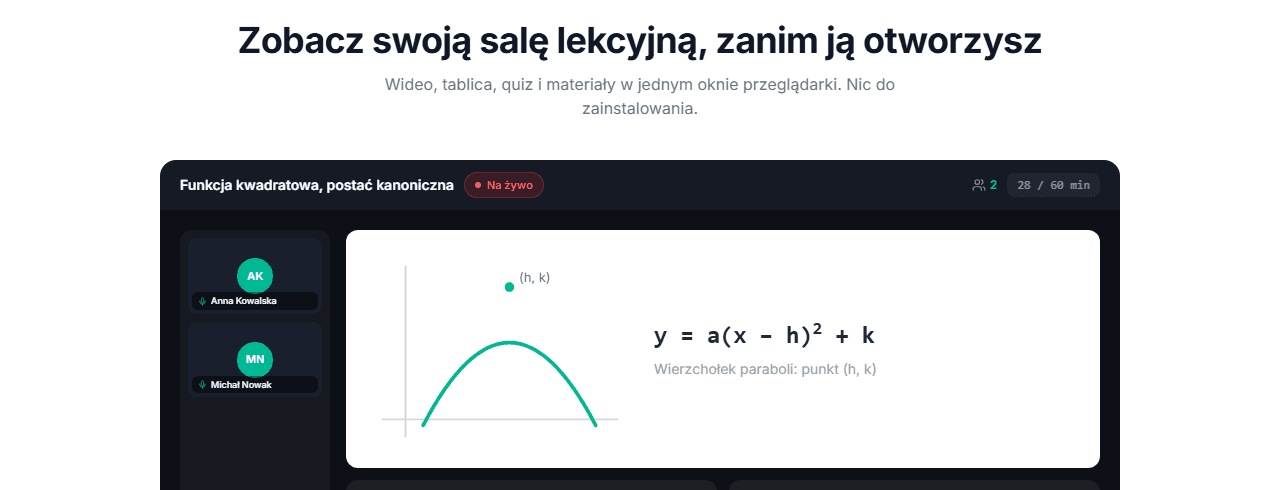 Makieta sali lekcyjnej: wideo, tablica i quiz w jednym oknie